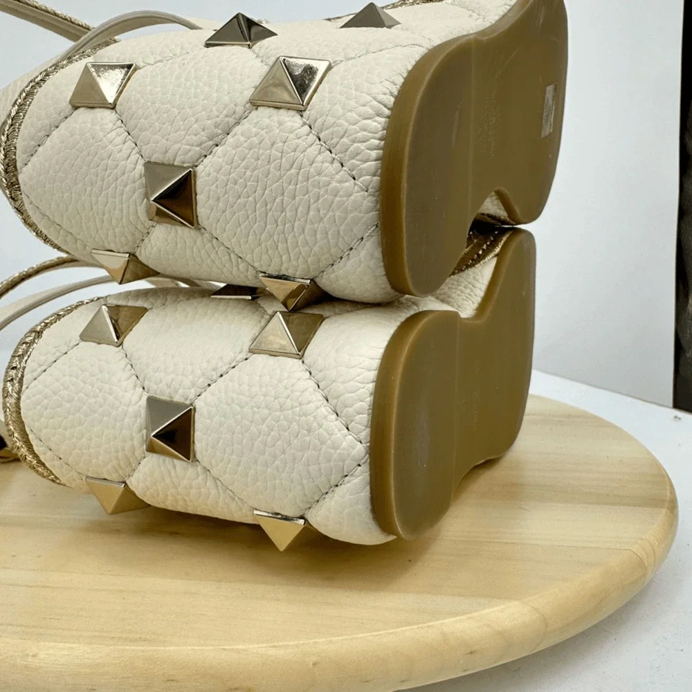 Valentino Garavani Roman Stud Wedge Espadrille Sandals Leather Cream EU 42 US 11